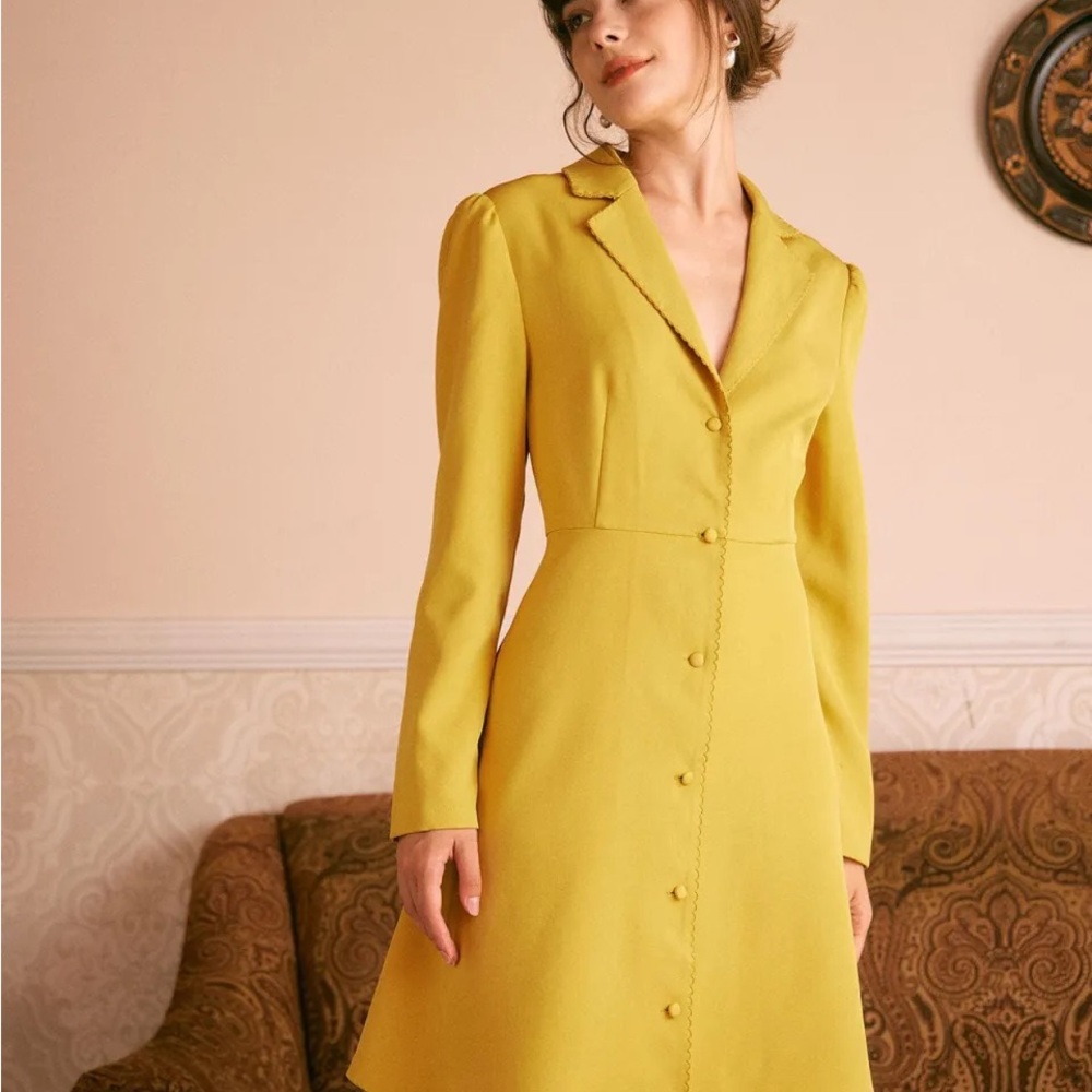 Yellow Lapel Scalloped Button Mini Dress
